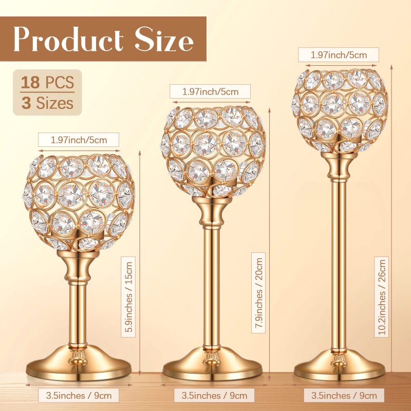 Qunclay 18 Pieces Crystal Candle Holders Bulk Candle Stick Holder Centerpieces for Table Wedding Centerpieces Crystal Decorative Tealight Dining Table Decor for Party(Gold) - Image 2