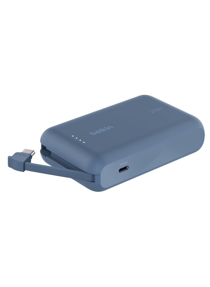 belkin 10000 mAh BoostCharge Power Bank, Portable Power Bank with Integrated Cable 10K PD 20W - Fast Charge USB-C Power Delivery, iPhone Power Bank Fast Charging for iPhone 15 Series, iPad Pro, Galaxy S24, More Blue - Image 1