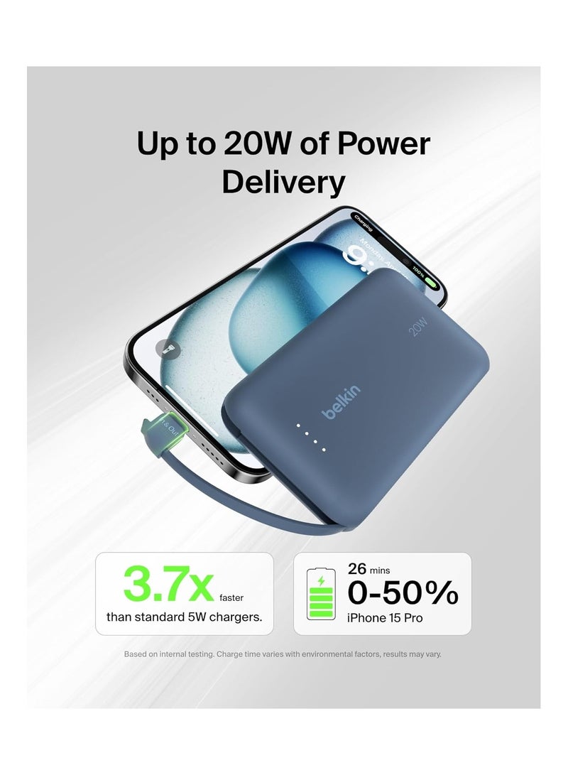 belkin 10000 mAh BoostCharge Power Bank, Portable Power Bank with Integrated Cable 10K PD 20W - Fast Charge USB-C Power Delivery, iPhone Power Bank Fast Charging for iPhone 15 Series, iPad Pro, Galaxy S24, More Blue - Image 2