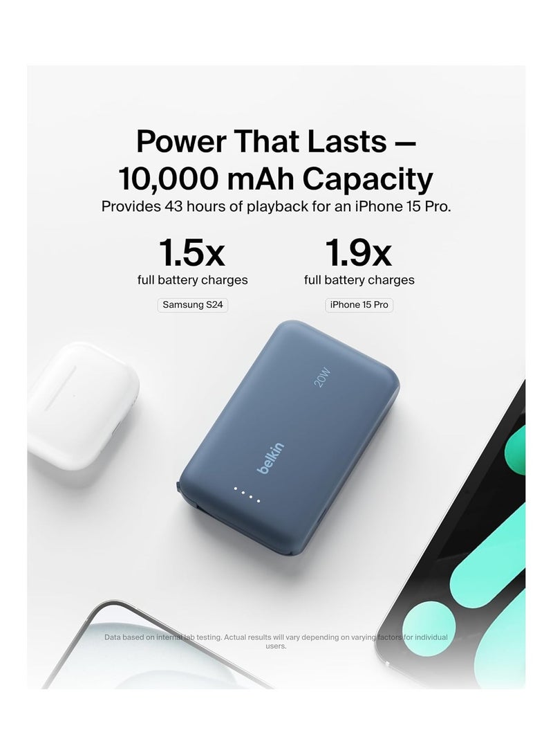 belkin 10000 mAh BoostCharge Power Bank, Portable Power Bank with Integrated Cable 10K PD 20W - Fast Charge USB-C Power Delivery, iPhone Power Bank Fast Charging for iPhone 15 Series, iPad Pro, Galaxy S24, More Blue - Image 4