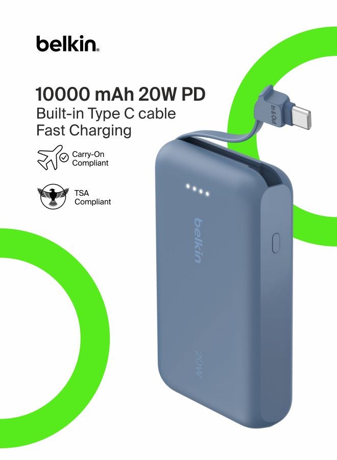 belkin 10000 mAh BoostCharge power bank 10000mAh, portable power bank with integrated cable PD 20W, fast charge USB-C power delivery, power bank fast charging for iPhone 16 series, iPad Pro, Galaxy S24 and more Blue - Image 1