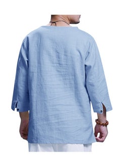 S SYMEFER Mens Linen Shirts V-Neck Cotton Grandad Shirt Long Sleeve Tops Hippie T Shirts Tops Blouse Loose Fit Basic Tunic Tops Casual Office Work Shirt, Blue-XL  - Image 2