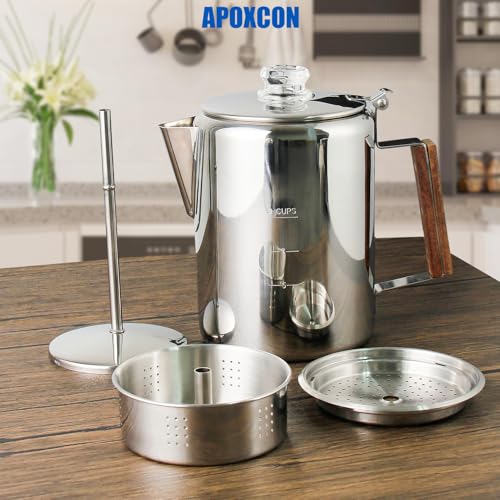 APOXCON Coffee Percolator Camping Coffee Pot Stainless Steel with Glass Knob Using on any Stovetop - NO Aluminum NO Plastic (9 Cup) - Image 2