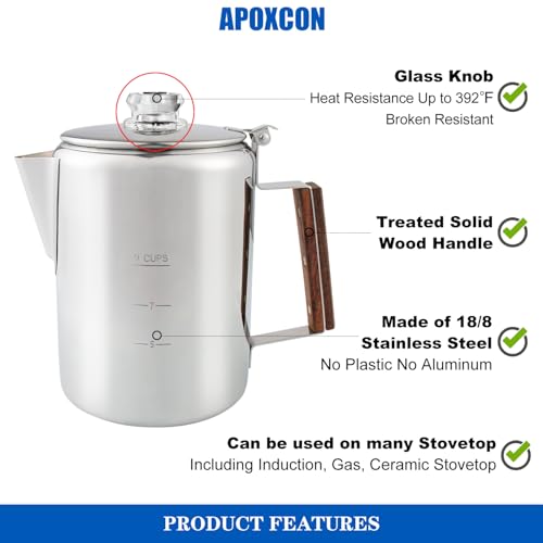 APOXCON Coffee Percolator Camping Coffee Pot Stainless Steel with Glass Knob Using on any Stovetop - NO Aluminum NO Plastic (9 Cup) - Image 5