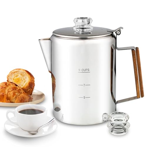 APOXCON Coffee Percolator Camping Coffee Pot Stainless Steel with Glass Knob Using on any Stovetop - NO Aluminum NO Plastic (9 Cup) - Image 1