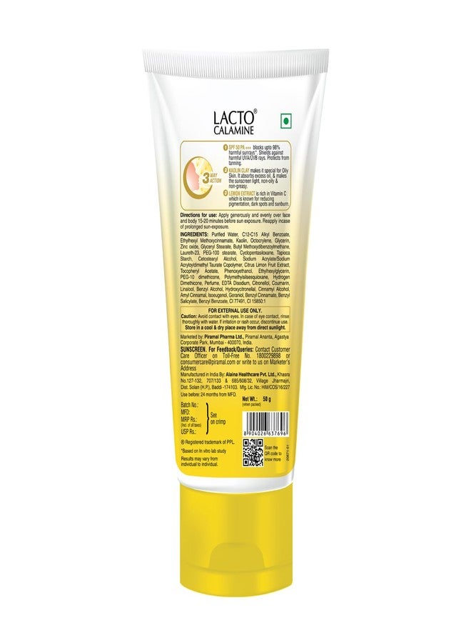 Lacto Calamine Sunscreen SPF 50 | 50g | PA +++ for Oily Skin | UVA-UVB Protection | Water Resistant & No White Cast | With Kaolin Clay, Vitamin E & Lemon Extracts | Paraben Free (Pack of 3) - Image 1