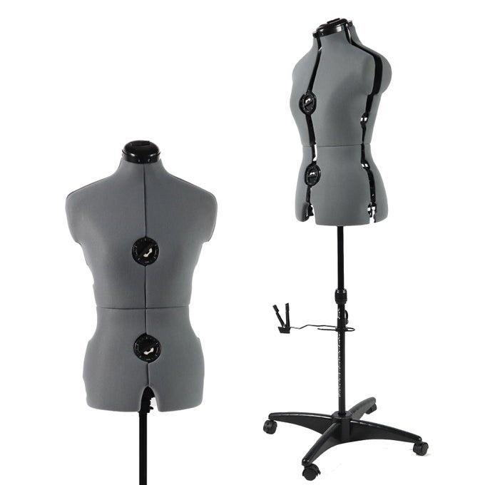 ADJUSTABLE DRESS FORM MANNEQUIN FOR SEWING FEMALE SIZE 614 GRAY PINNABLE MODEL BODY WITH 13 DIALS DETACHABLE CASTERS 42560 HEIGHT RANGE FOR CLOTHING DISPLAY SMALL TO MEDIUM