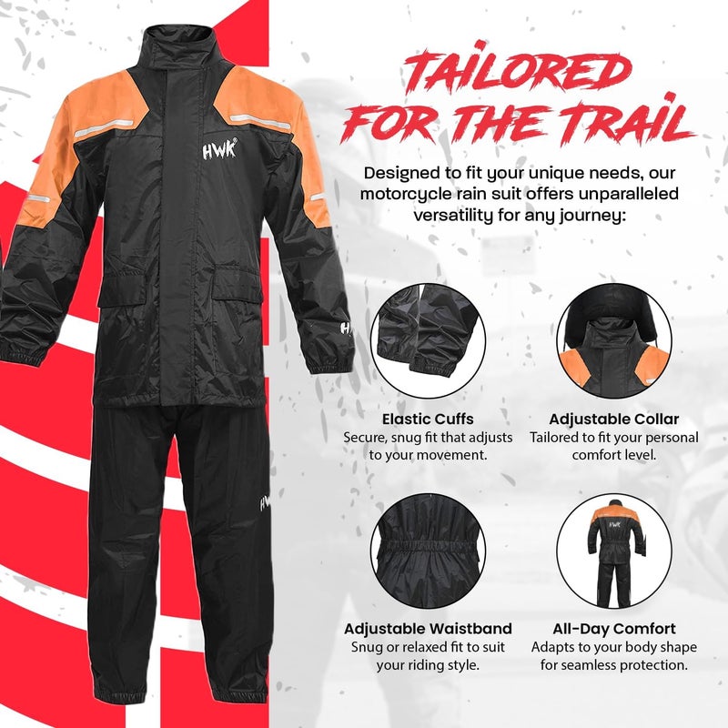 HWK Motorcycle Rain Suit for Men and Women, Two-Piece Waterproof Motorcycle Rain Gear with Reflective Jacket and Pants, All-Season Weatherproof Protection for Riding, Hi-Vis Orange, 4X-Large - Image 4