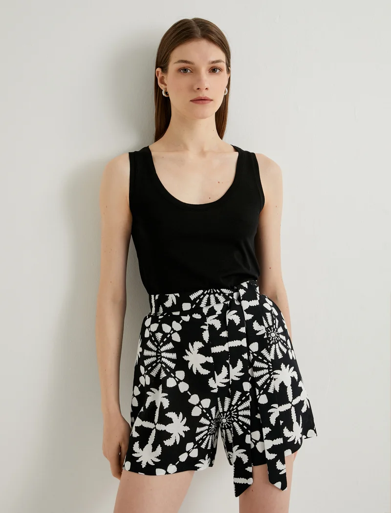 KOTON Belted Medium Rise Linen Shorts