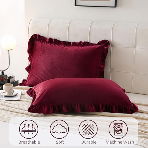 MOVE OVER Burgundy Pillowcases King Size Velvet Pillowcases Boho Chic Farmhouse Pillow Shams 2 Pieces Ruffle Fringe Design Wine Red Pillow Cases for Women - Image 3