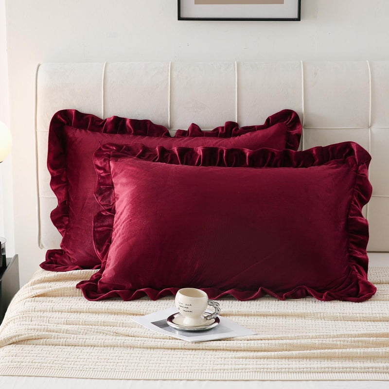 MOVE OVER Burgundy Pillowcases King Size Velvet Pillowcases Boho Chic Farmhouse Pillow Shams 2 Pieces Ruffle Fringe Design Wine Red Pillow Cases for Women - Image 2