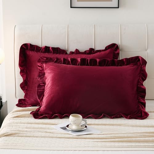 MOVE OVER Burgundy Pillowcases King Size Velvet Pillowcases Boho Chic Farmhouse Pillow Shams 2 Pieces Ruffle Fringe Design Wine Red Pillow Cases for Women - Image 1