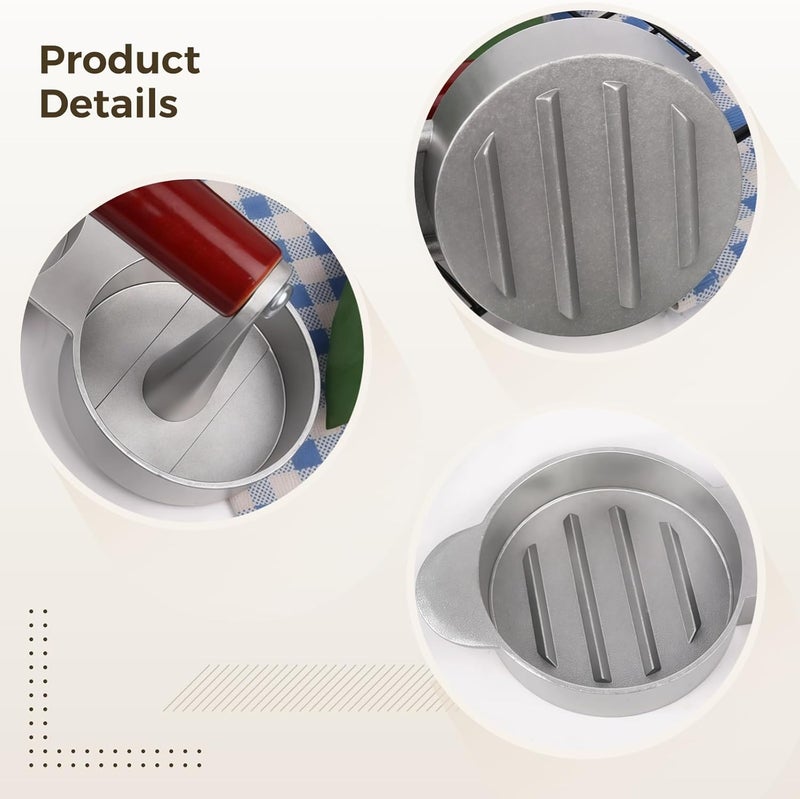 3-Grid Aluminum DIY Burger Press Mold, Wooden Handle, 100 Paper Liners for Homemade Burgers and BBQ - Image 4