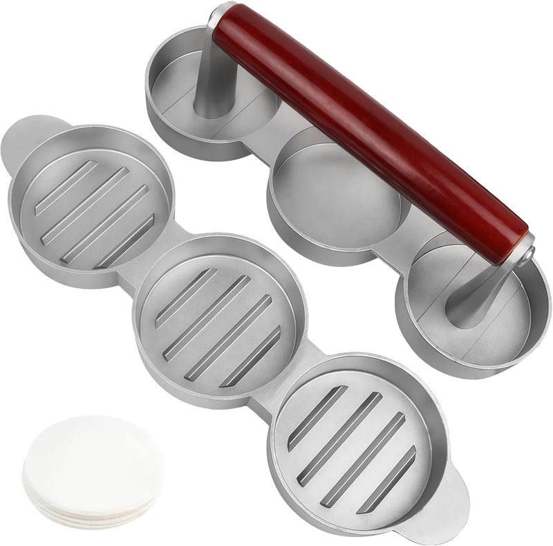 3-Grid Aluminum DIY Burger Press Mold, Wooden Handle, 100 Paper Liners for Homemade Burgers and BBQ - Image 3