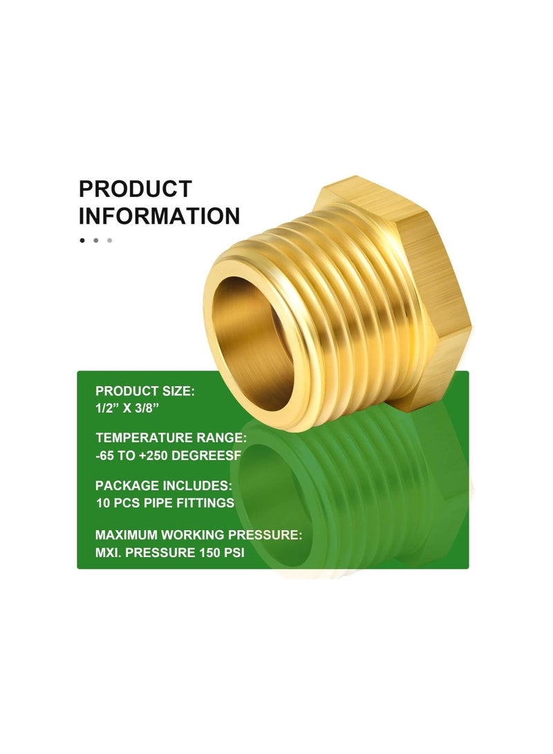 TAISHER 10PCS Brass Reducer Hex Bushing Threaded Pipe Fitting 1/2" NPT Male x 3/8" NPT Female Adapter - Image 5