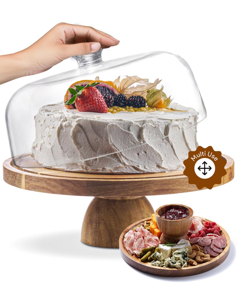 HOMESPHERE Acacia Wood Cake Stand with Lid - Cake Stand with Dome,12in Round Cake Holder, 2-in-1 Dessert Table Display Set & Charcuterie Board for Cheese, Chips & Dips, Fruit Platter, Large Acrylic Cake Dome Cover - Image 1