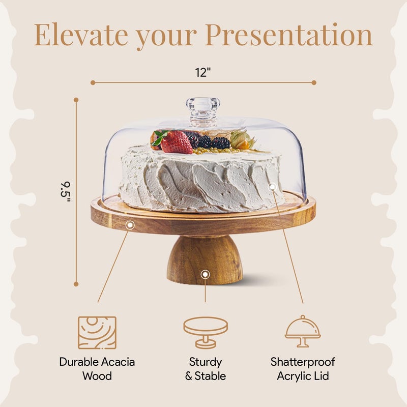 HOMESPHERE Acacia Wood Cake Stand with Lid - Cake Stand with Dome,12in Round Cake Holder, 2-in-1 Dessert Table Display Set & Charcuterie Board for Cheese, Chips & Dips, Fruit Platter, Large Acrylic Cake Dome Cover - Image 4