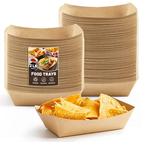 ZORRITA 2 Lb Paper Food Trays - 100 Pack Disposable Nacho Trays Brown Food Boats Take Out Basket Holders for Serving Party Snacks Hot Dogs Tacos Fries - Image 1