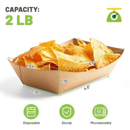 ZORRITA 2 Lb Paper Food Trays - 100 Pack Disposable Nacho Trays Brown Food Boats Take Out Basket Holders for Serving Party Snacks Hot Dogs Tacos Fries - Image 2