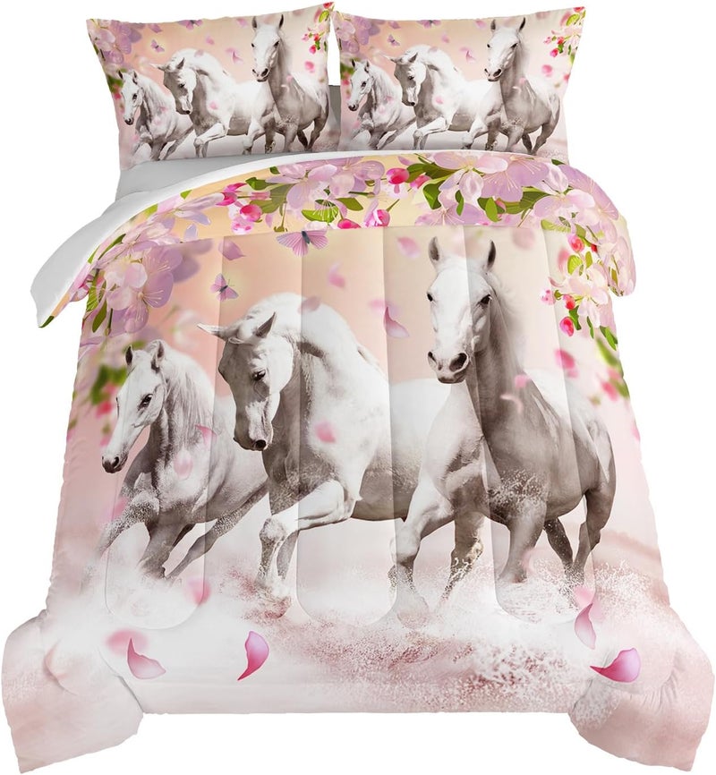 HOSIMA Horse Bedding for Girls,Pink Cherry Blossom Printed Full Size Comforter Set for Teens with 2 Pillowcases,3D Farm Wild Animal Pattern for Girls Bedding Set,Western Bedding Set Theme. - Image 1