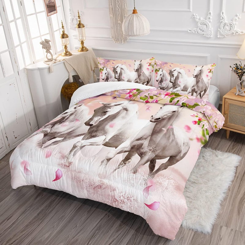 HOSIMA Horse Bedding for Girls,Pink Cherry Blossom Printed Full Size Comforter Set for Teens with 2 Pillowcases,3D Farm Wild Animal Pattern for Girls Bedding Set,Western Bedding Set Theme. - Image 2