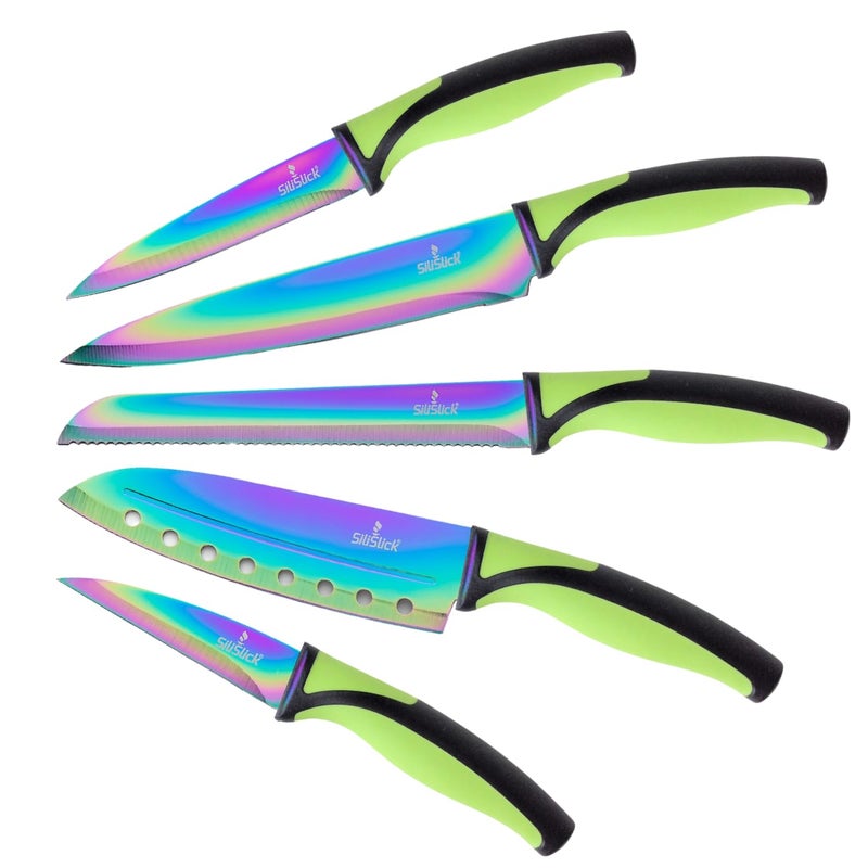 SiliSlick Kitchen Knife Set Rainbow Titanium Coated Blades High Carbon Stainless Steel Chef Santoku Bread Utility and Pairing Knives Ergonomic Better Grip Handles