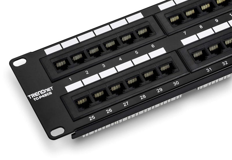 Trendnet 48-Port Cat6 Unshielded Patch Panel, Wallmount or Rackmount, Compatible with Cat3,4,5,5e,6 Cabling, for Ethernet, Fast Ethernet, Gigabit Applications, Black, TC-P48C6 - Image 1