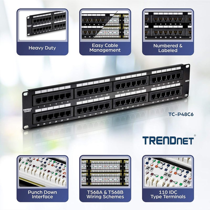 Trendnet 48-Port Cat6 Unshielded Patch Panel, Wallmount or Rackmount, Compatible with Cat3,4,5,5e,6 Cabling, for Ethernet, Fast Ethernet, Gigabit Applications, Black, TC-P48C6 - Image 2