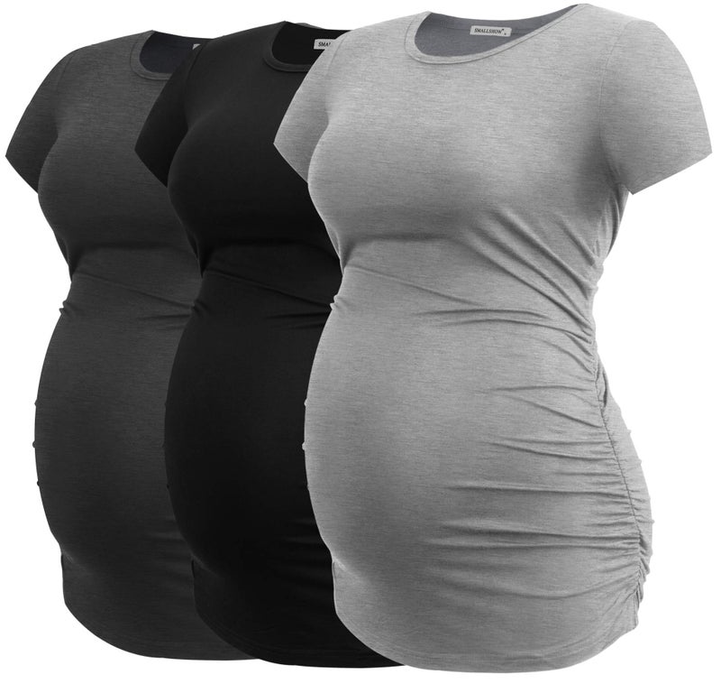 Smallshow Women's Maternity Tops Side Ruched Tunic T-Shirt Pregnancy Clothes Medium Dim Grey-Black-Grey