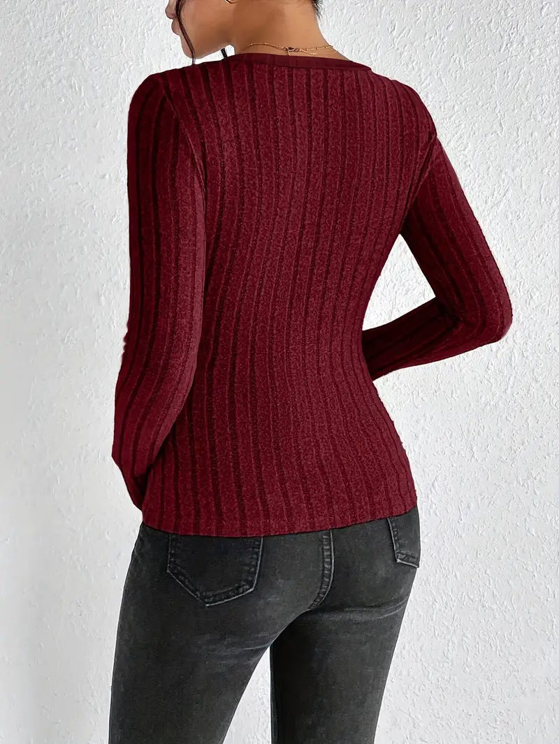 2025 Export Women'S V Neck Brushed Pit Strip Pullover Long-Sleeved Slim Elegant Pure Color Top - Image 4