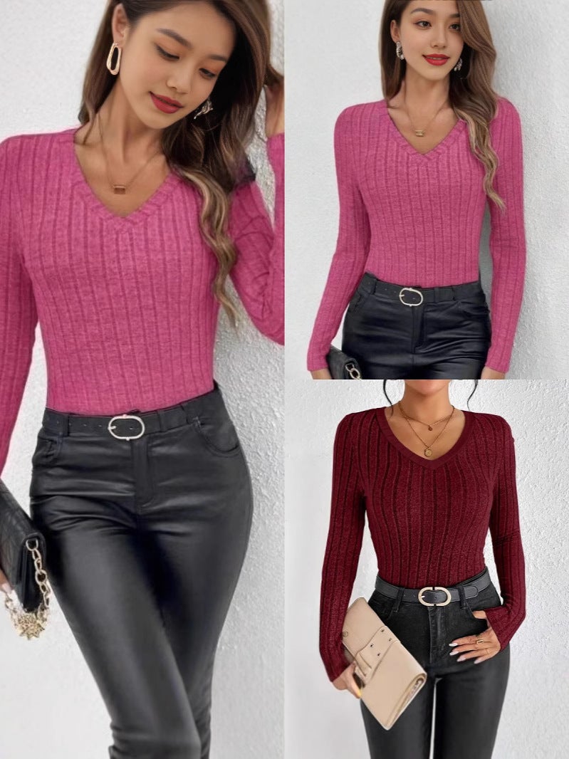 2025 Export Women'S V Neck Brushed Pit Strip Pullover Long-Sleeved Slim Elegant Pure Color Top - Image 2