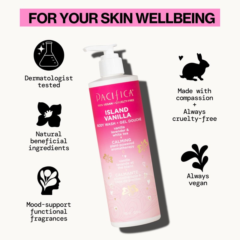 Pacifica Island Vanilla Body Wash Aloe + Hyaluronic Acid, Daily Cleansing, Bath & Shower Gel, Essential Oils, Clean, Vegan + Cruelty & Paraben Free, Clean Beauty Vegan Dermatologist Tested, 12 Fl Oz - Image 2