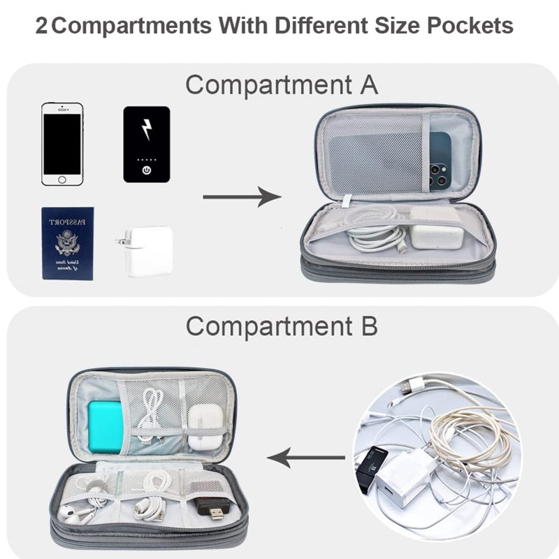 Travel Tech Organizer - 2 Compartments Splash-Proof Medium Dark Grey Pouch for Office Workers, Travelers, School Students - Image 2
