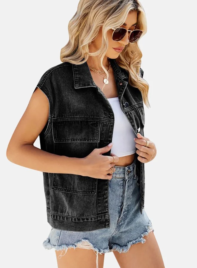 YUNIQEE Black Collared Sleeveless Denim Jacket