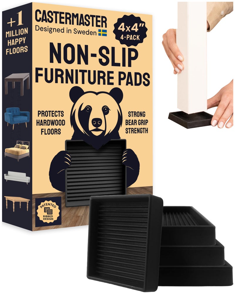 CasterMaster Square Rubber Caster Cups 4 Inch - Non Slip Furniture Pads for Hardwood Floors - Heavy Duty Bed Stoppers, Sofa Leg Protectors & Chair Feet Covers, Black 4 Pack - Image 1