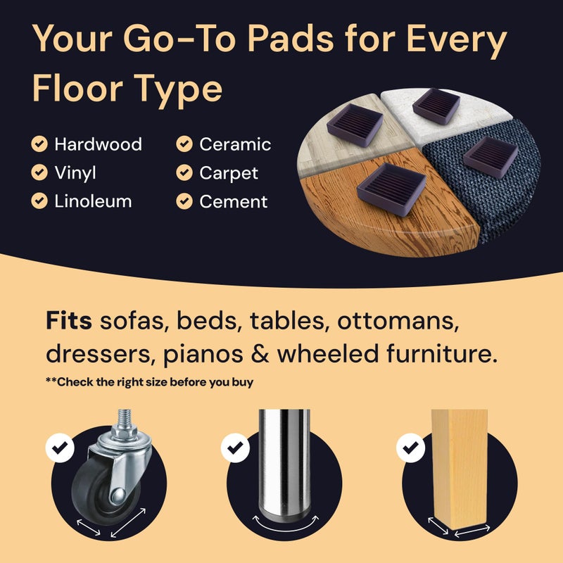 CasterMaster Square Rubber Caster Cups 4 Inch - Non Slip Furniture Pads for Hardwood Floors - Heavy Duty Bed Stoppers, Sofa Leg Protectors & Chair Feet Covers, Black 4 Pack - Image 4
