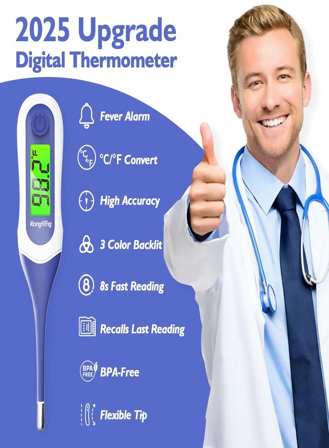 Rongfeng 8s Fast Reading Oral Thermometer for Adults and Kids, Digital Baby Thermometer with 3 Color Backlit and Fever Alarm Medical FDA Basal Thermometer for Oral, Rectal, Underarm - Image 2