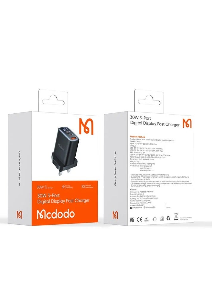 MCDODO CH-2170 30W 3-Port Digital Display Fast Charger  Dual Type-C+USB-A Black - Image 2