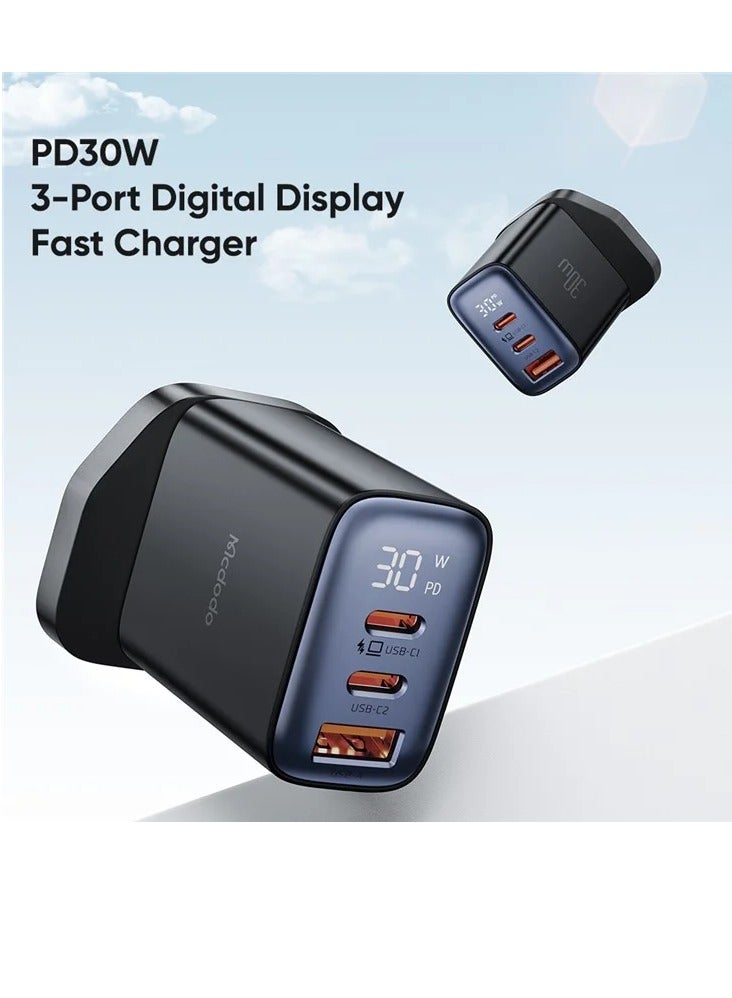 MCDODO CH-2170 30W 3-Port Digital Display Fast Charger  Dual Type-C+USB-A Black - Image 3