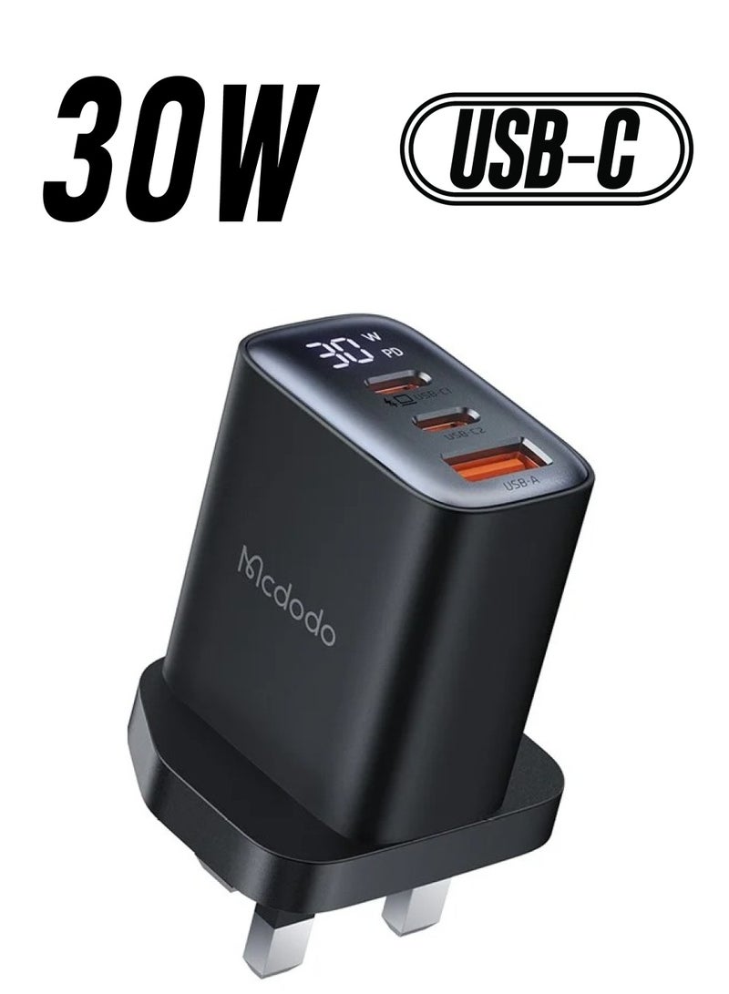 MCDODO CH-2170 30W 3-Port Digital Display Fast Charger  Dual Type-C+USB-A Black - Image 1