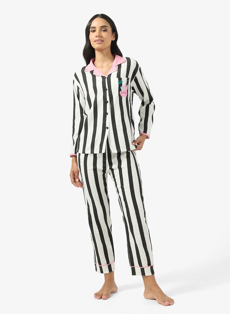 Ginger Button Up Stripe Shirt & Pyjama Set - Image 1
