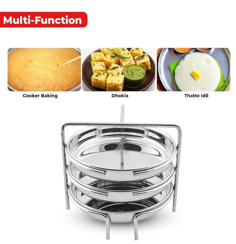 BLLUEX Stainless Steel Dhokla Maker & Thatte Idli Maker Stand, 3 Large Plates (19cm), 3 Wire Stand, Fits All Cookers, Ideal for Khaman Dhokla, Idli, & Thattu | Dhokla Plate for Steam Cooking - Image 5