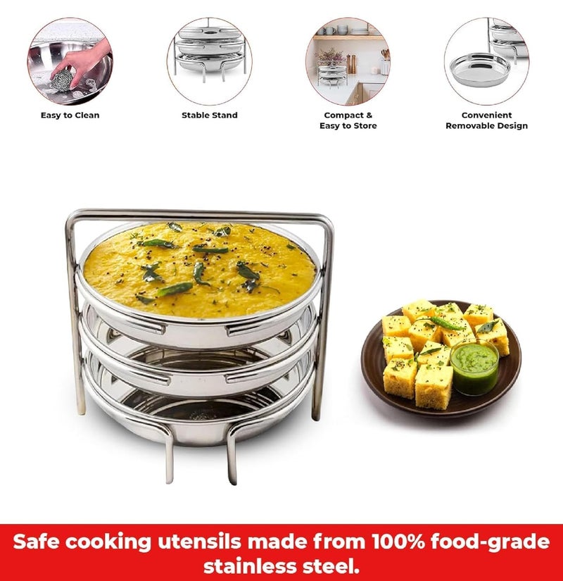 BLLUEX Stainless Steel Dhokla Maker & Thatte Idli Maker Stand, 3 Large Plates (19cm), 3 Wire Stand, Fits All Cookers, Ideal for Khaman Dhokla, Idli, & Thattu | Dhokla Plate for Steam Cooking - Image 4