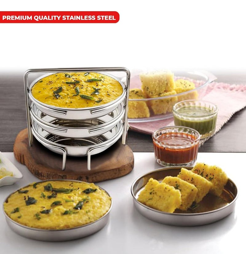 BLLUEX Stainless Steel Dhokla Maker & Thatte Idli Maker Stand, 3 Large Plates (19cm), 3 Wire Stand, Fits All Cookers, Ideal for Khaman Dhokla, Idli, & Thattu | Dhokla Plate for Steam Cooking - Image 3