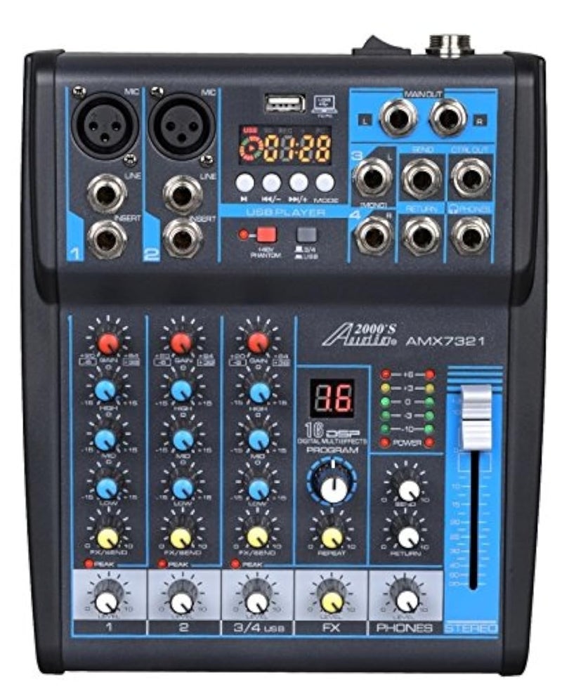 Audio2000S AMX7321 Professional FourChannel Audio Mixer with BuiltIn USB Interface to Computer for Recording and Music Playing Applications
