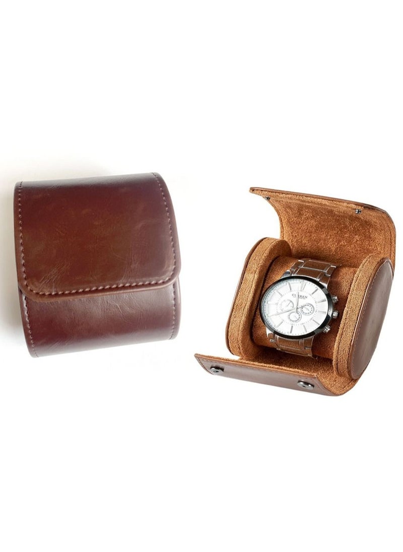 Excefore - Watch Roll Travel Case Brown Real Leather Watch Roll Single Watch Travel Case Leather Watch Box Roll Great for Travel with Large Watches Watch Storage Organizer Jewelry Gift BoxBrown - Image 1