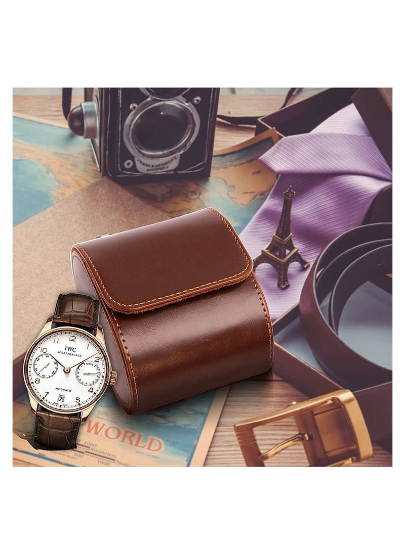 Excefore - Watch Roll Travel Case Brown Real Leather Watch Roll Single Watch Travel Case Leather Watch Box Roll Great for Travel with Large Watches Watch Storage Organizer Jewelry Gift BoxBrown - Image 1