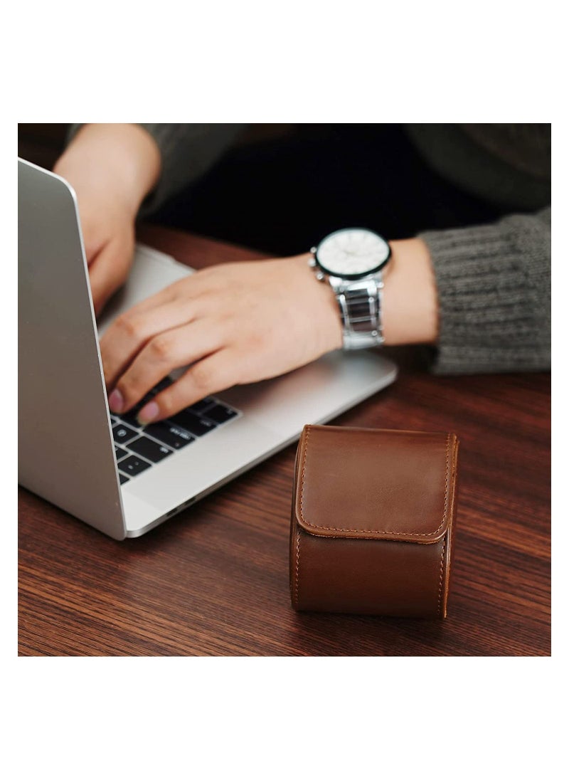 Excefore - Watch Roll Travel Case Brown Real Leather Watch Roll Single Watch Travel Case Leather Watch Box Roll Great for Travel with Large Watches Watch Storage Organizer Jewelry Gift BoxBrown - Image 1