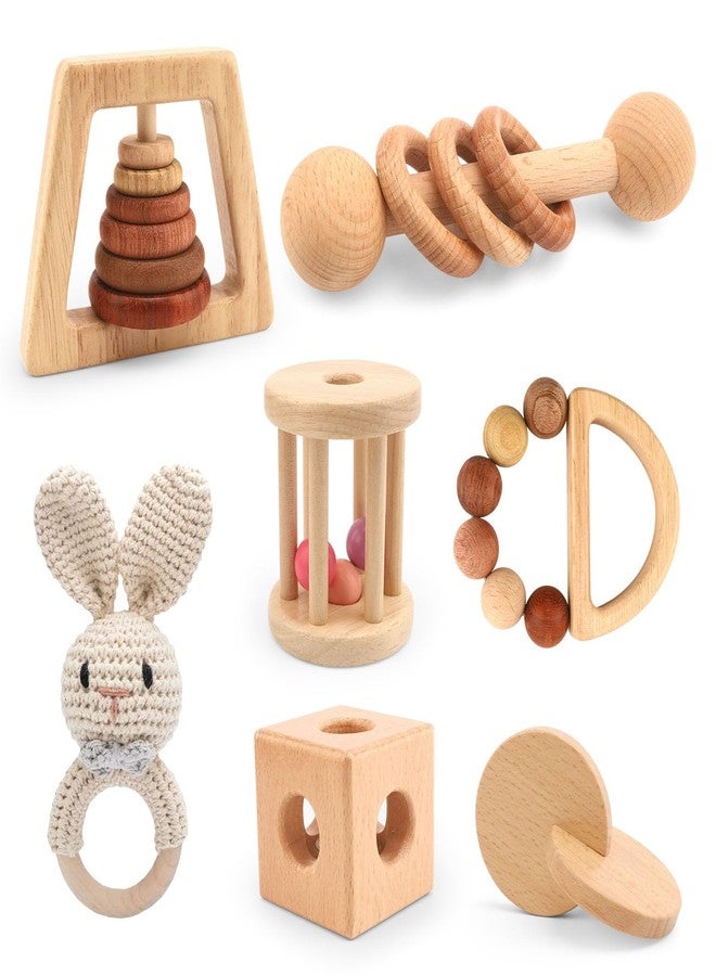 SZMODEX Wooden Baby Rattle, 7PCS Wooden Baby Toys for Babies 18-36 Months, Wood Montessori Toys with Crochet Rabbit Rattle for Infant Grasping, Gift for Baby Girls Boys - Image 1