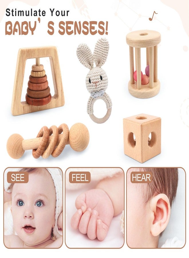SZMODEX Wooden Baby Rattle, 7PCS Wooden Baby Toys for Babies 18-36 Months, Wood Montessori Toys with Crochet Rabbit Rattle for Infant Grasping, Gift for Baby Girls Boys - Image 4